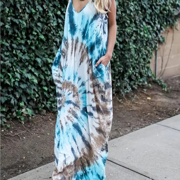 New Sky Blue Boho Tie-Dye Maxi Dress stretchy - Picture 2 of 2